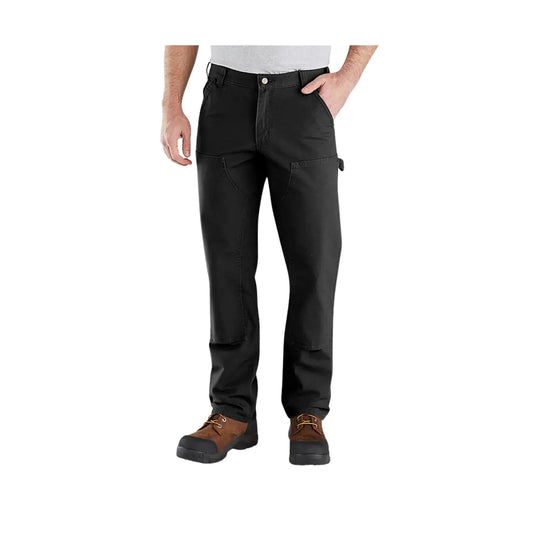 Black work pants with reinforced knee panels and cargo pockets, shown on a model wearing brown work boots