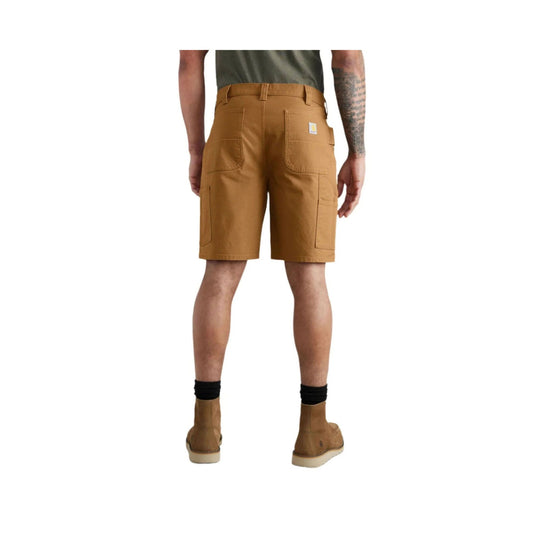 Brown work shorts with utility pockets and a small logo patch on the back