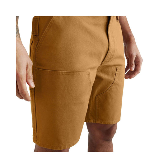 Brown canvas work shorts with reinforced front panels and large cargo pockets