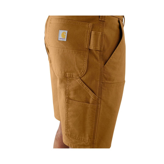 Brown duck canvas work shorts with a large cargo pocket and Carhartt patch