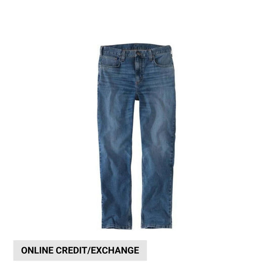 Blue five-pocket jeans shown front view on a white background