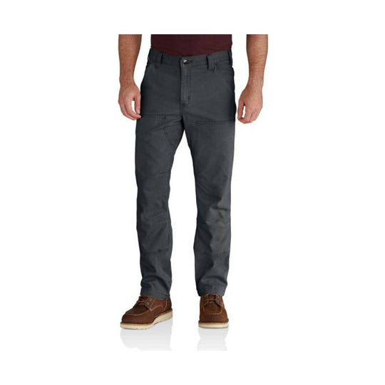 Dark gray work pants with reinforced knees and brown work boots