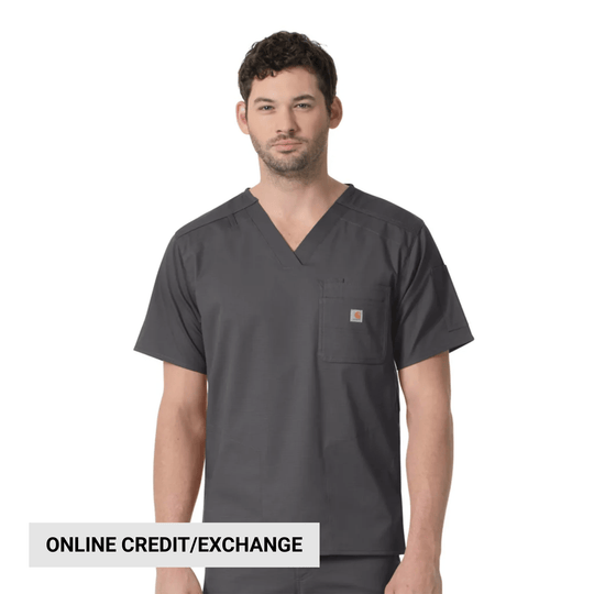 Dark gray short-sleeve scrub top with V-neck, chest pocket, and visible online credit/exchange text