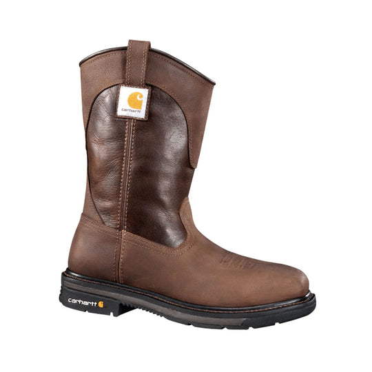 Brown leather pull-on work boot with a square toe and Carhartt logo patch