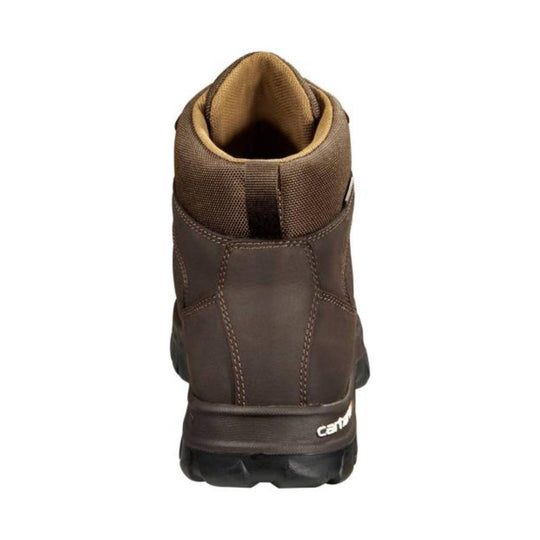 Brown leather work boot shown from the back with a padded collar, rugged sole, and partial Carhartt logo