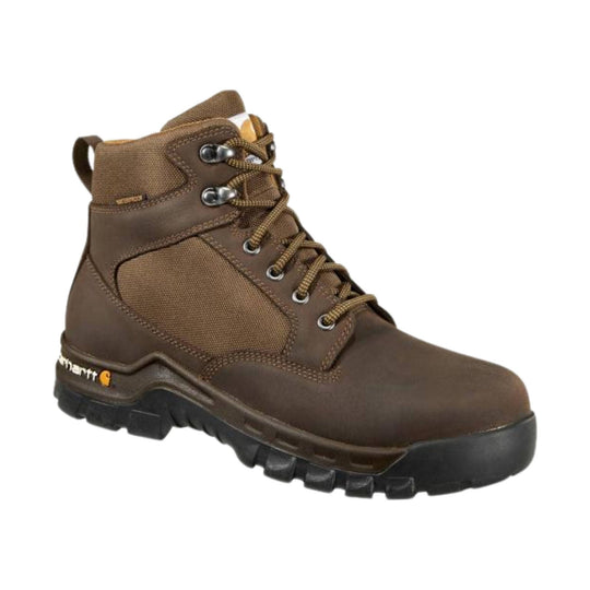 Brown lace-up work boot with a black treaded sole and padded collar