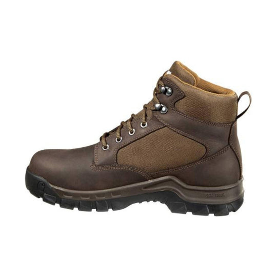 Brown and tan lace-up work boot with a padded ankle collar, metal eyelets, and rugged black outsole