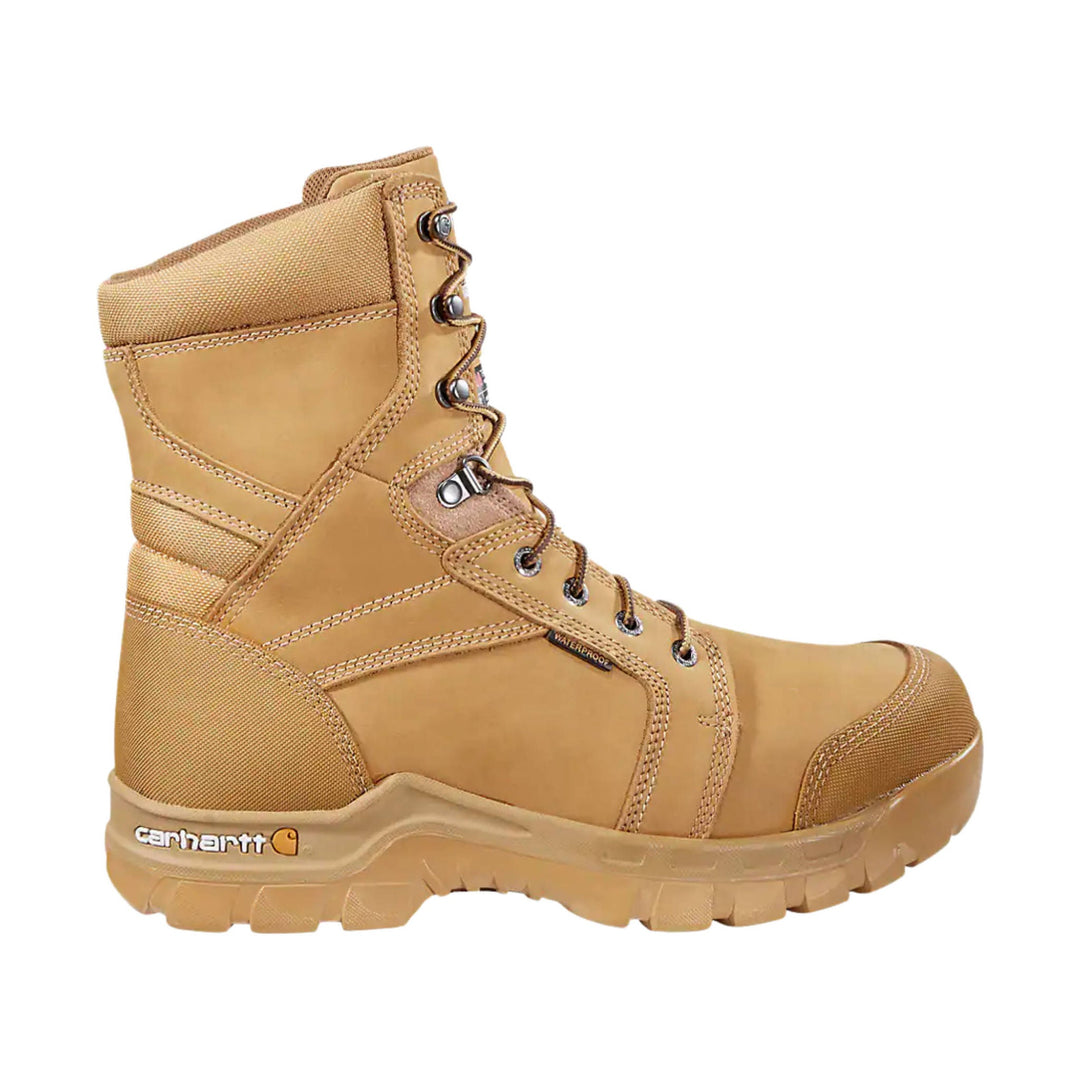 Tan waterproof lace-up work boot with rugged sole and toe cap