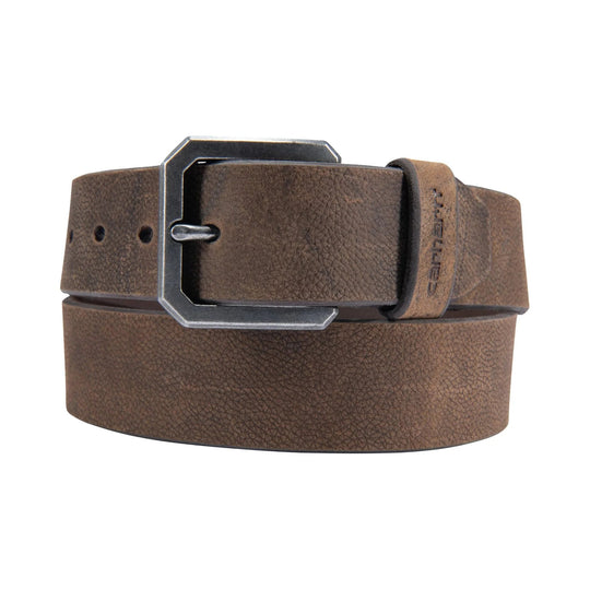 Brown leather belt with a rectangular silver buckle and embossed branding on the keeper