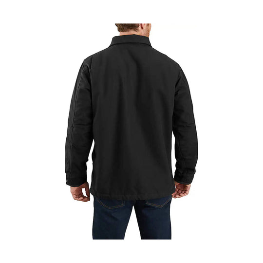 Black long-sleeve field jacket shown from the back on a white background