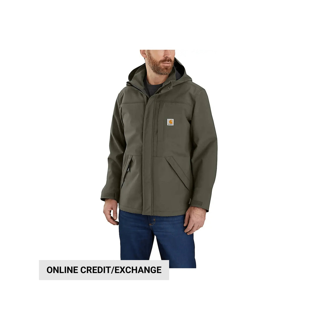 Olive hooded rain jacket on a model, with front zipper, chest logo patch, and large front pockets