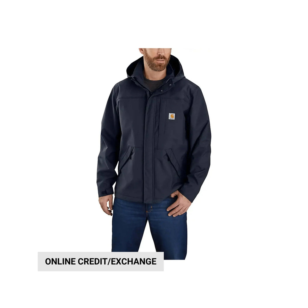 Navy hooded rain jacket with front zipper, snap placket, and chest logo patch