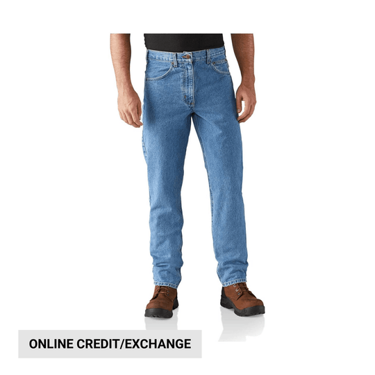 Blue straight-leg jeans with brown work boots on a white background