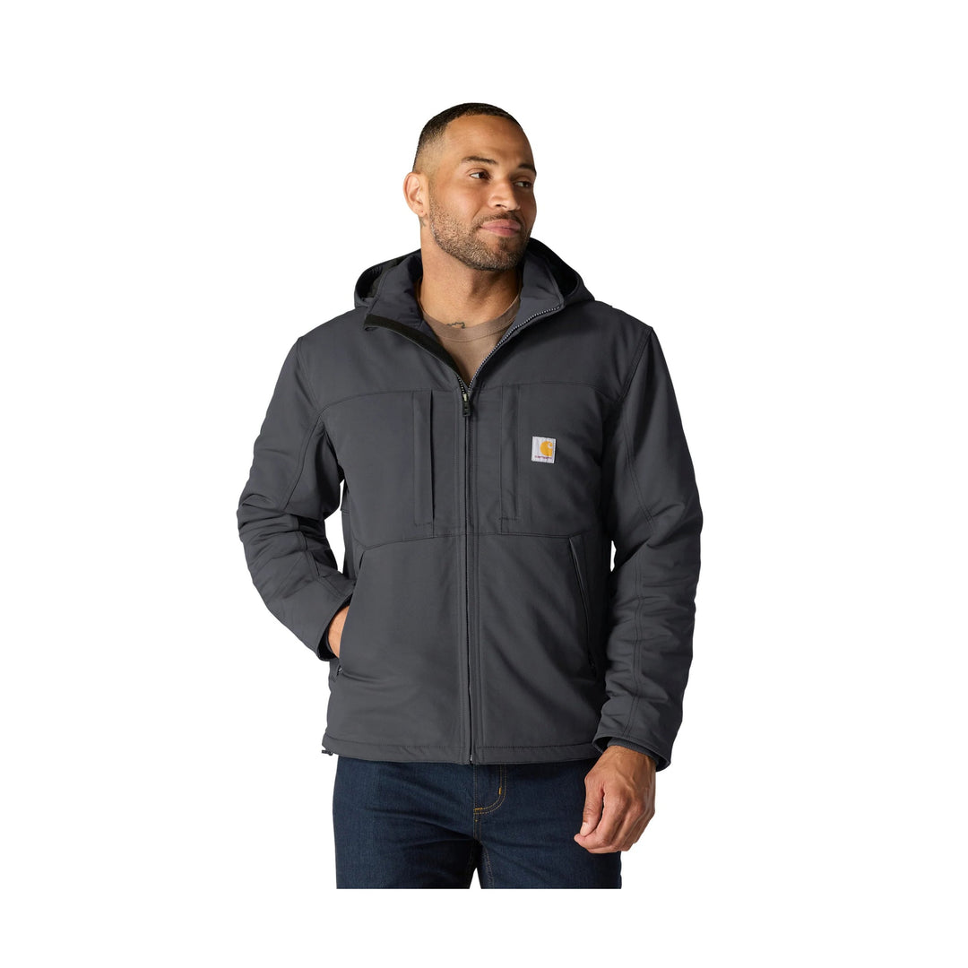 Dark gray hooded zip-up jacket with chest logo patch and hand pockets