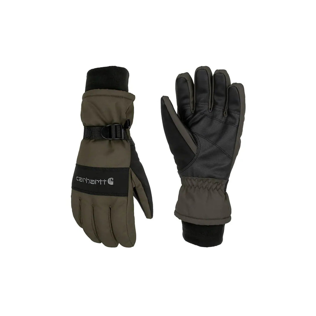 Insulated winter gloves in olive and black with a wrist strap and Carhartt logo
