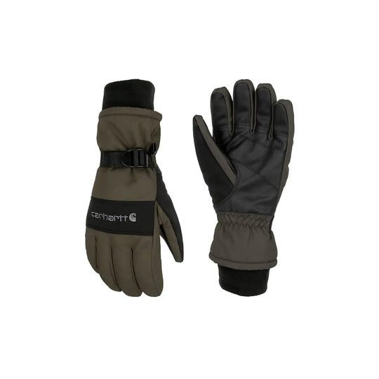 Insulated winter gloves in olive and black with a wrist strap and Carhartt logo