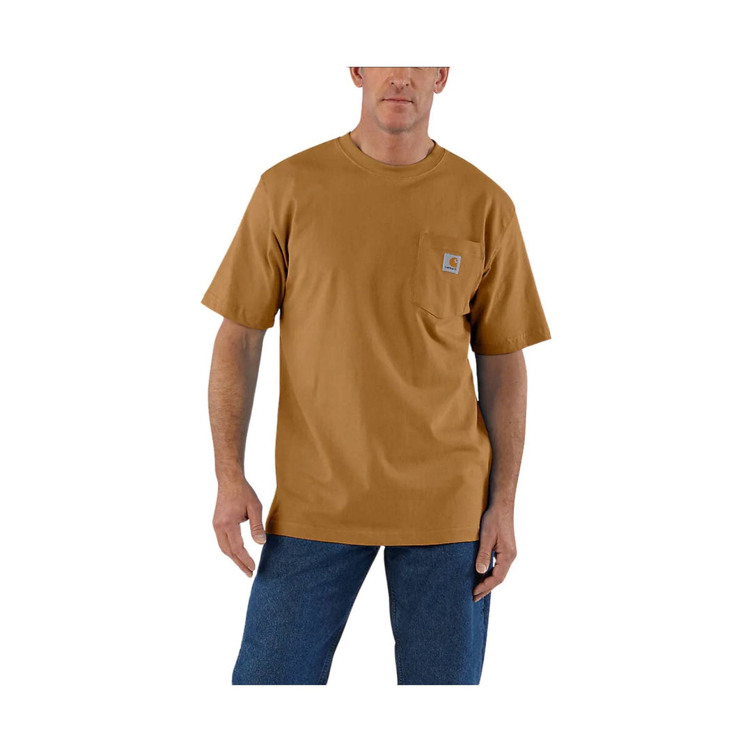 Man wearing a brown t-shirt with a logo on a white background
