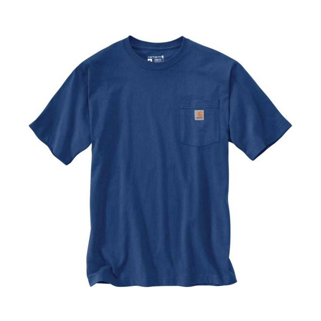 Blue short-sleeve pocket T-shirt with a small chest logo patch