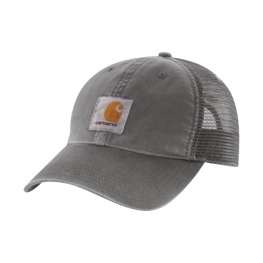 Gray cap with a visible brand logo on a white background