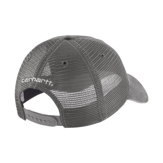 Gray mesh trucker cap with embroidered logo and adjustable snapback closure