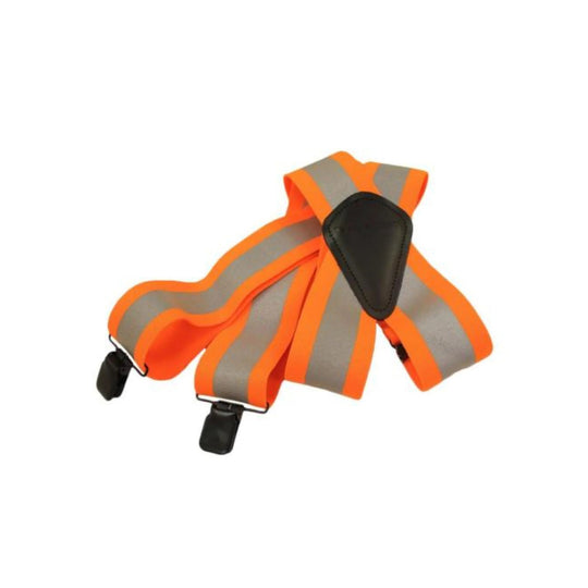 Orange reflective suspenders with black clips and shoulder pad