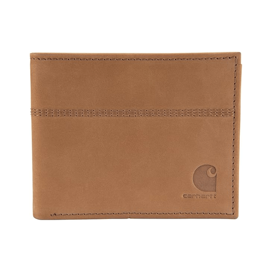 Tan leather bifold wallet with stitched edges and embossed logo