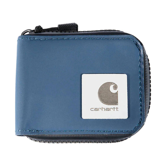Blue zip wallet with a square logo patch
