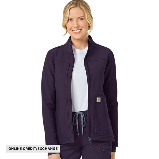 Women’s dark plum scrub jacket with full zip, stand collar, and patch pockets