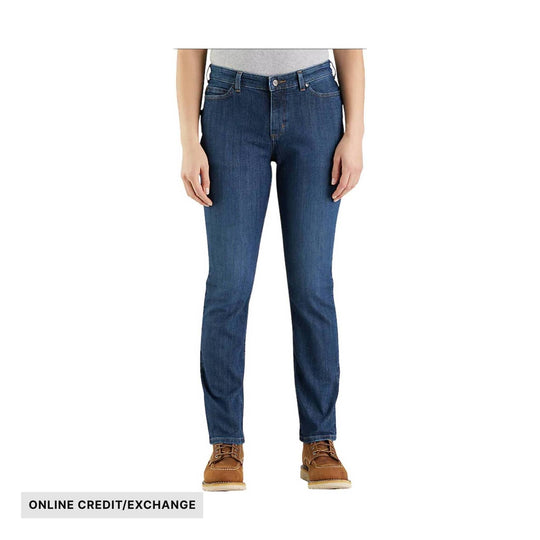 Blue straight-leg jeans on a model with visible text reading ONLINE CREDIT/EXCHANGE