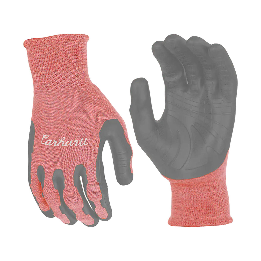 Coral knit work gloves with gray grip-coated palms and fingers