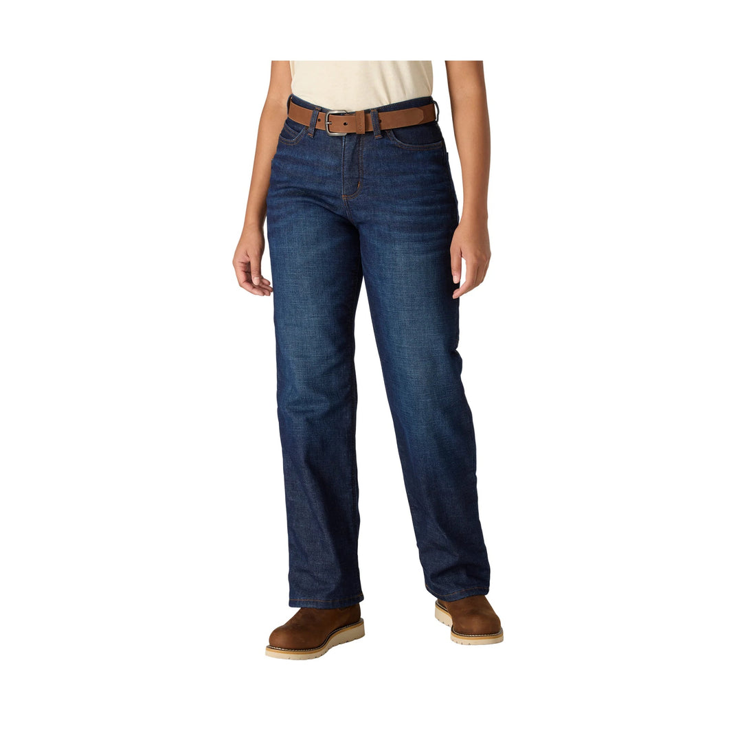 Dark blue straight-leg jeans with tan belt, shown front view