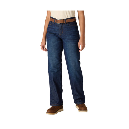 Dark blue straight-leg jeans with tan belt, shown front view