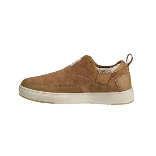 Brown slip-on sneaker with tan sole and faux fur lining, shown in side profile