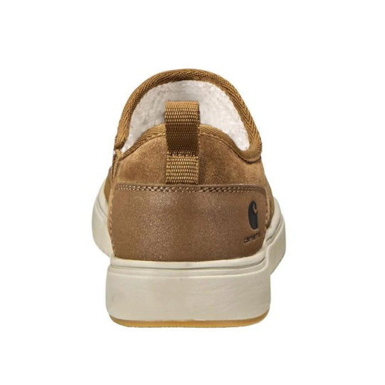 Brown slip-on shoe with white lining, heel pull tab, and white sole, shown from the back