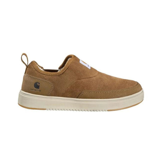 Brown slip-on sneaker with a cream platform sole and pull loop at the heel