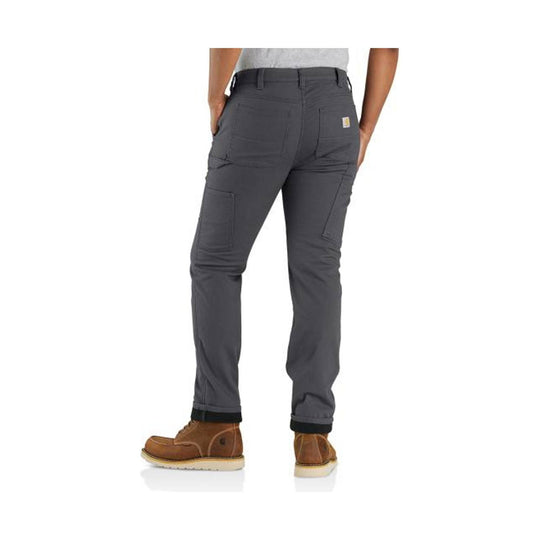 Dark gray women’s cargo pants shown from the back with reinforced knees and brown work boots