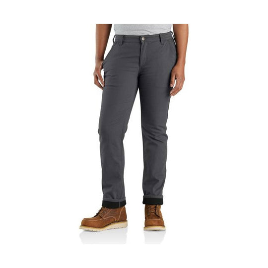 Dark gray straight-leg pants with cuffed hems, worn with brown lace-up boots