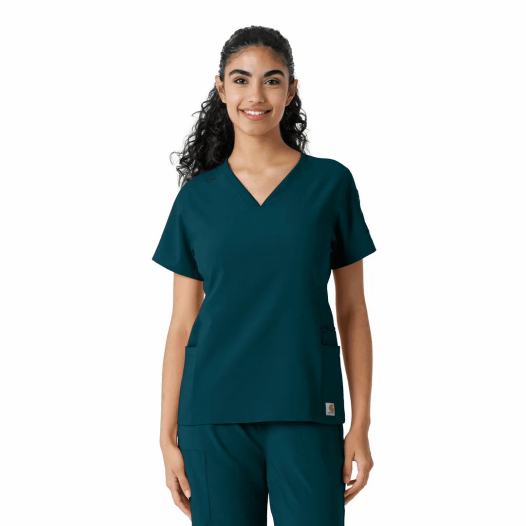 Teal scrub top and matching pants with V-neck top, short sleeves, and cargo pockets