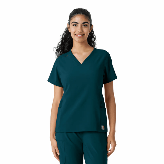 Teal scrub top and matching pants with V-neck top, short sleeves, and cargo pockets