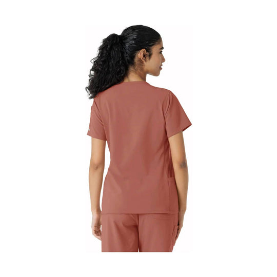 Dusty rose short-sleeve scrub top shown from the back