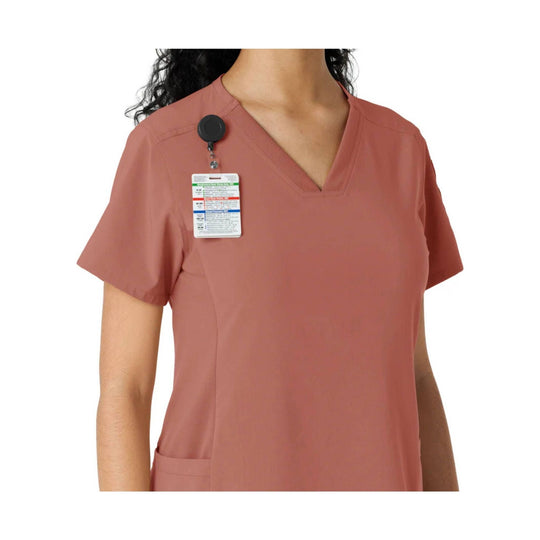 Dusty rose short-sleeve V-neck scrub top with a chest badge clip and side pocket