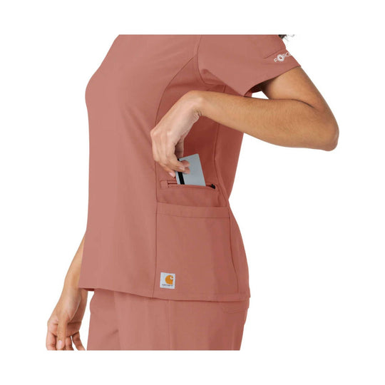 Rose short-sleeve scrub top with side pockets and a Carhartt logo patch