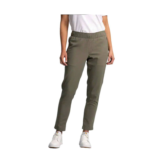 Olive straight-leg work pants with an elastic waistband, shown on a model with white sneakers