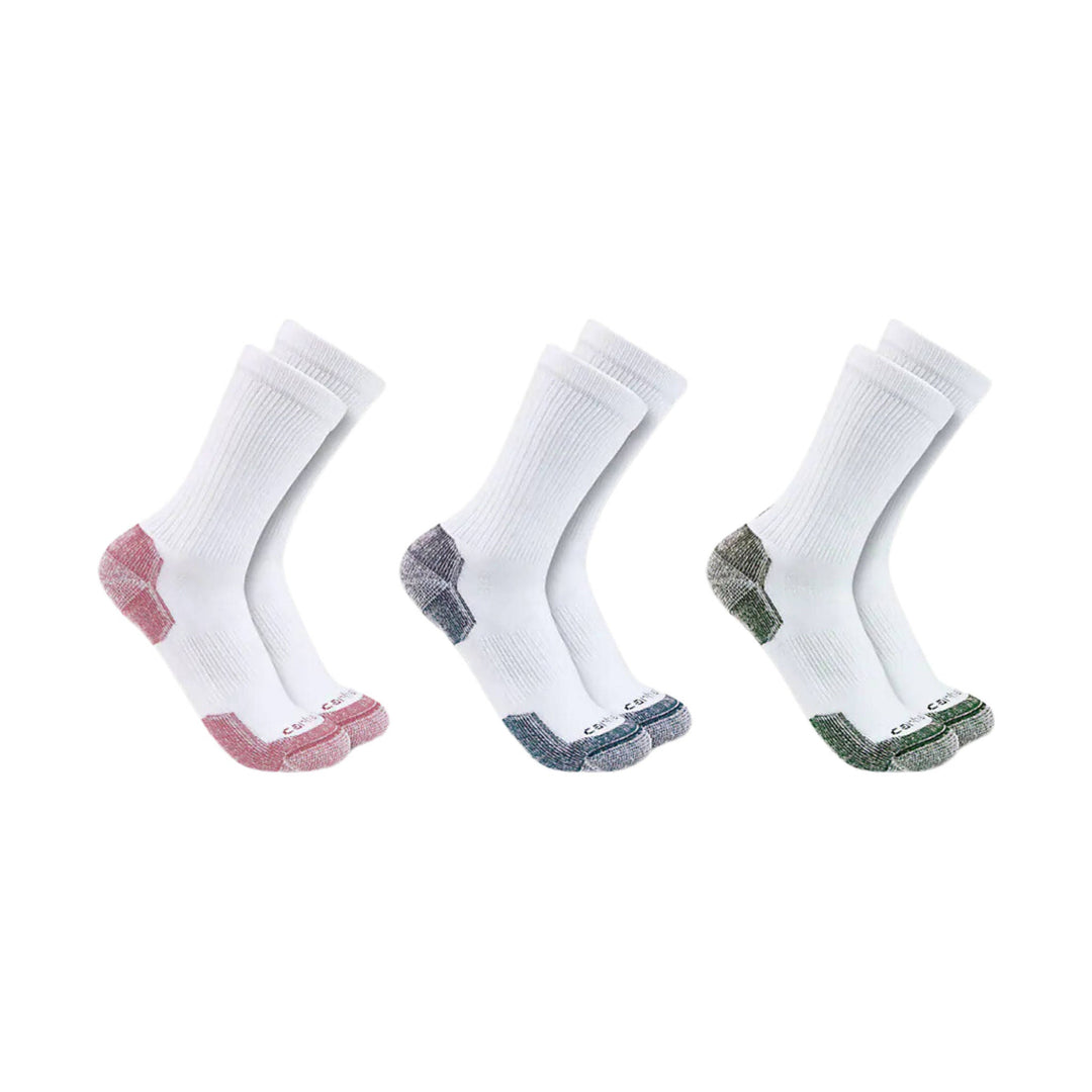 Three pairs of white crew socks with pink, gray, and green heel and toe accents