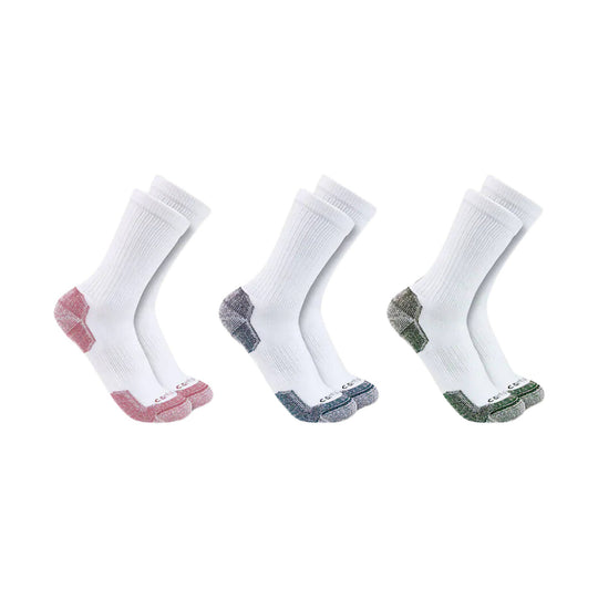 Three pairs of white crew socks with pink, gray, and green heel and toe accents