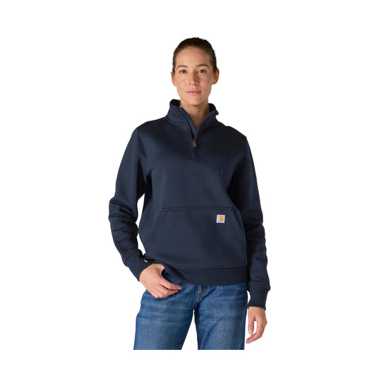 Navy quarter-zip pullover sweatshirt with a front pouch pocket and small logo patch