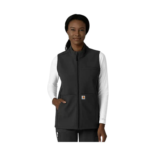 Black zip-front fleece vest worn over a white long-sleeve shirt, with hand pockets and a small logo patch