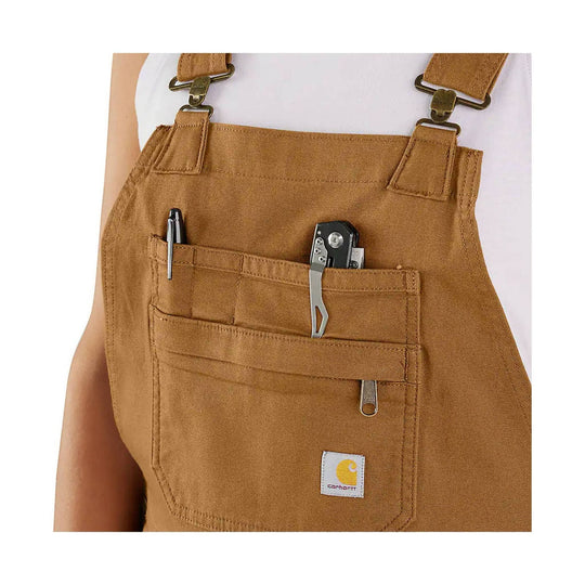 Brown canvas shortalls with front chest pocket and tool pockets