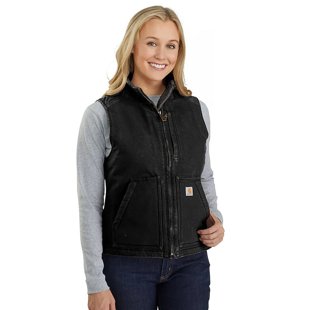 Black zip-front vest with large front pockets and a small logo patch