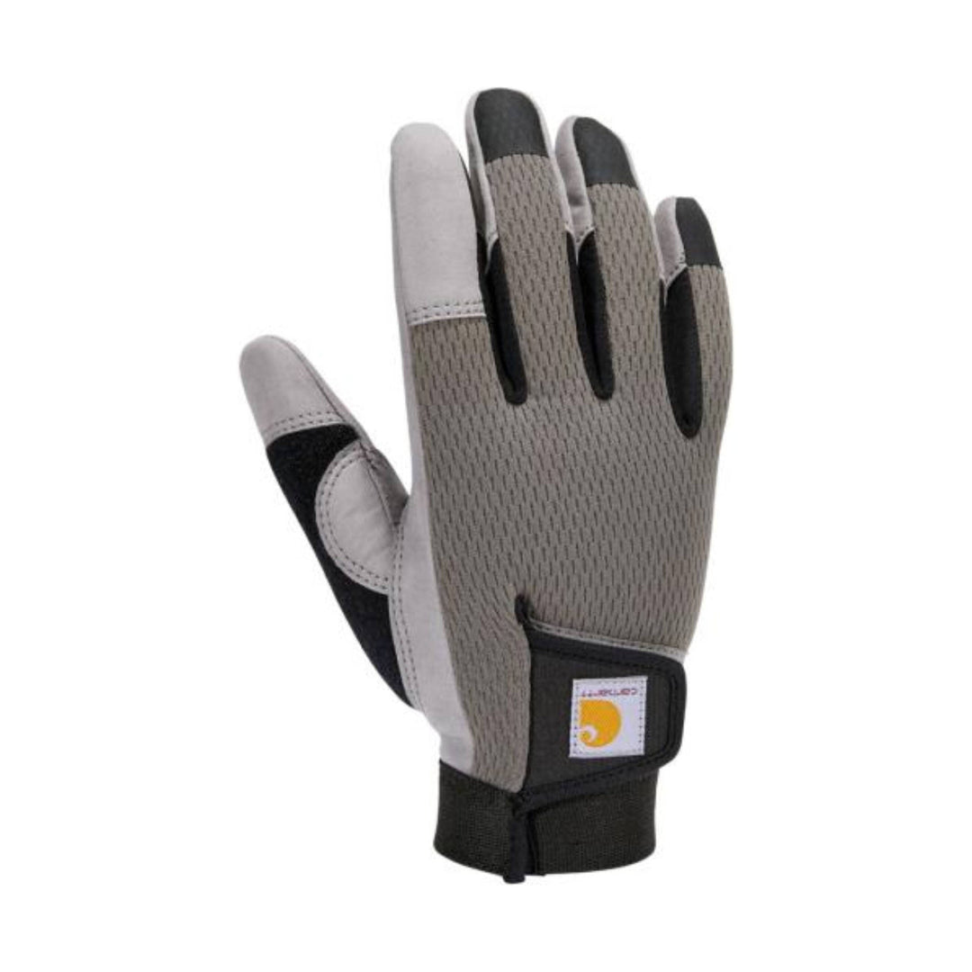 Gray and black work glove with touchscreen fingertips and Carhartt logo patch